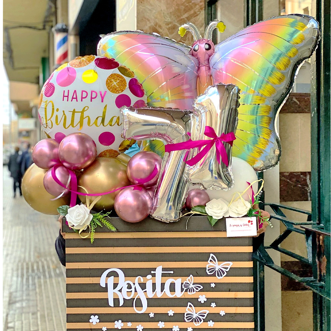 Cajas sorpresa con globos para cumpleaños a domicio